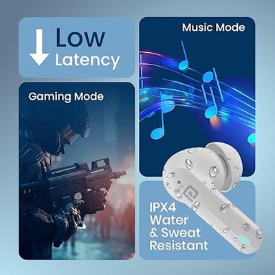 Portronics Harmonics Twins S11 Gaming Earbuds with Long Playtime,TWS Low Latency,Auto ENC Quad 4 Mics,BT5.3V,Rapid Pairing,IPX 4 Water Resistance,Wireless Earpods,in-Ear,Type C Fast Charging