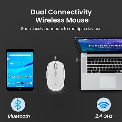 Portronics Toad III Wireless Mouse with Bluetooth & 2.4 GHz Dual Connectivity, Rechargeable, 6 Buttons, Adjustable DPI, Silicon Grip & Ergonomic Design for PC, Laptop, Mac (White)