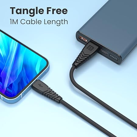 Portronics Konnect Core 8 PIN Cable Tangle-Free with 3A Rapid Charging & 480mbps Data Transmission, 1 Meter Length(Black)