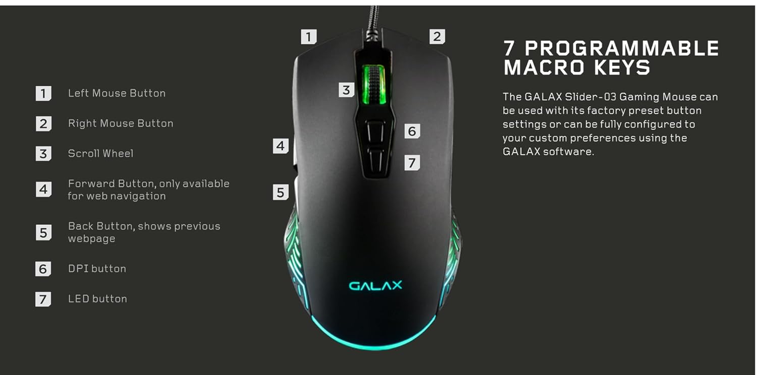 GALAX Slider-03 USB Wired Gaming Mouse | 7 Programmable Buttons | Customizable RGB Lights | Ergonomic Design | 7200 DPI Gaming Grade Sensor | 1.5m Braided Cable | 16.8mn Color, Light Weight - Black