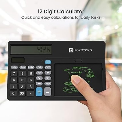 Portronics Ruffpad Calc 2 2-in-1 Calculator & LCD Writing Pad with 14.4 cm Writing Area, Multi Function Digital Calculator Stylus Pen for Students, Birthday Gift, Kids Toys, School, Office(Black)