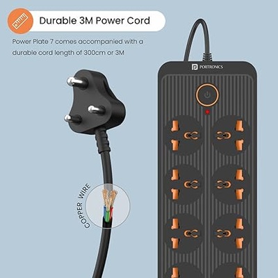 Portronics Power Plate 7 with 6 USB Port + 8 Power Sockets Smart Electric Universal Extension Board Multi Plug with 2500W, 3Mtr Cord Length, 2.4A USB Output(Black)