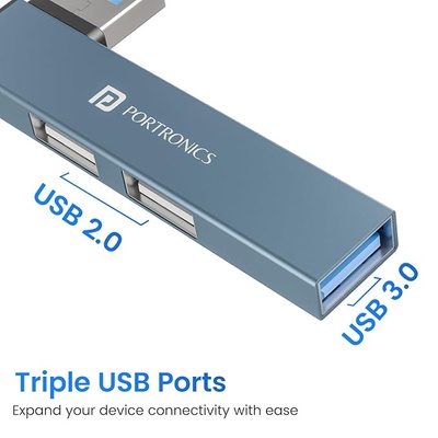 Portronics Mport Mino A USB 3.0 Hub (3-in-1) with USB 3.0 SuperSpeed, Compact L-Shape Design, 2-Port USB 2.0 High-Speed, USB Plug, Metal Alloy Body, for Laptop, PC, Mac (Grey)