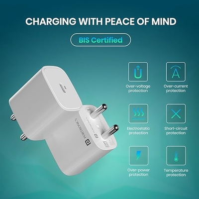 Portronics Adapto 25 Plus 25W Type C PD Superfast Slim Mobile Charging Adaptor,GaN Technology,Compatible with iPhone 16/15/14/13/12/11 Pro,Max Series, Samsung Galaxy S/A/M/F & Other Type C Devices