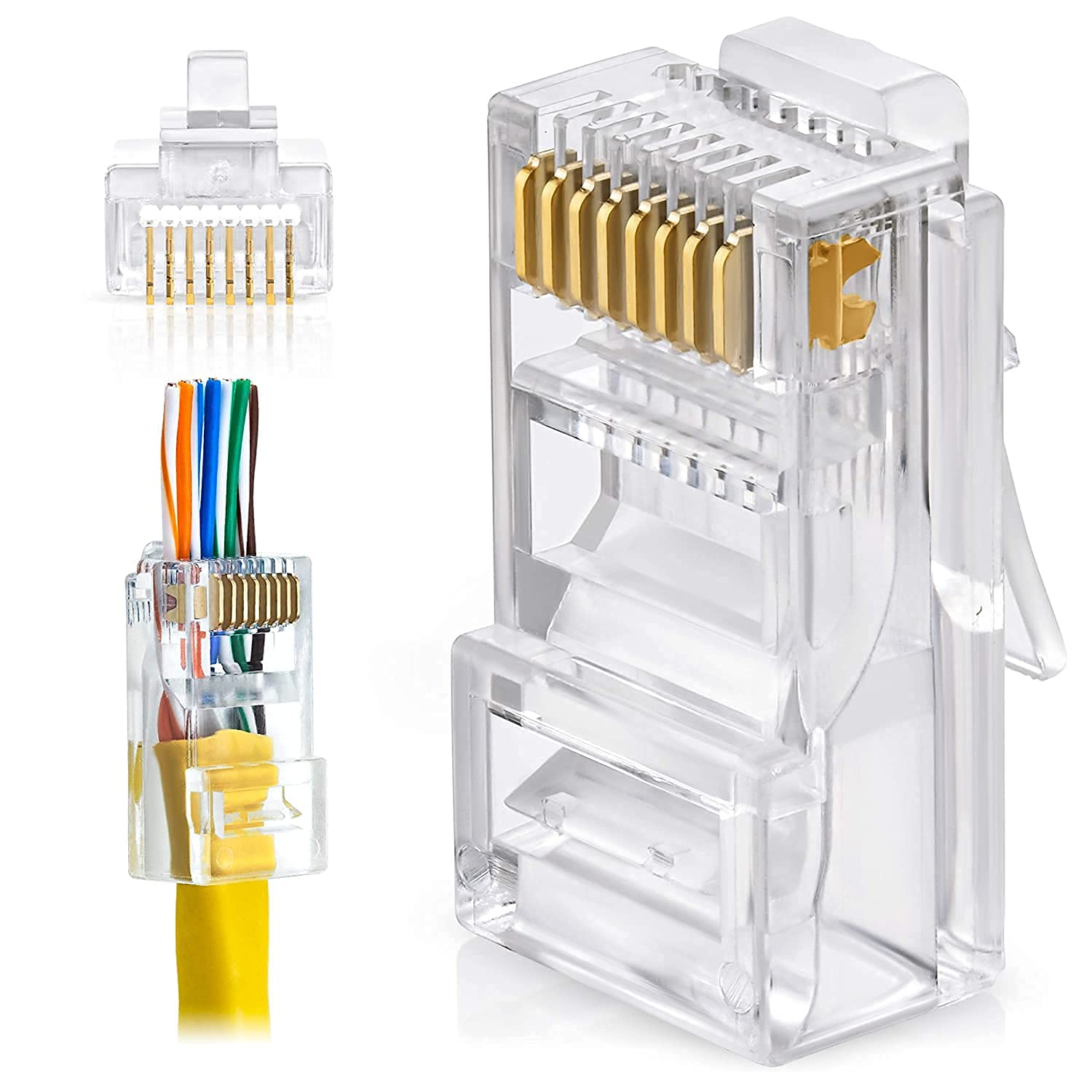 RJ45 Cat6 Pass-Through Ethernet Connectors - Compatible with Cat5, Cat5e, and Cat6 Cables, 8P8C Crimp Plugs for LAN and UTP Network