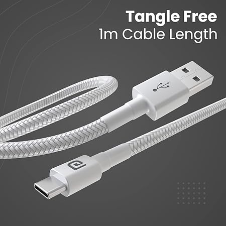 Portronics Konnect B Type C Cable with 3.0A Output, Nylon Braided, Fast Data Sync, Tangle Resistant, 1M Length(White)