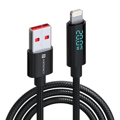 Portronics Konnect View 20 W Unbreakable USB to 8 Pin Cable with LED Display, 480Mbps Data Sync, Compatible with All Lightning Devices 1.2M Length(Black)