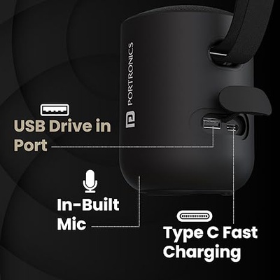 Portronics Soundpot 20W Wireless Bluetooth Portable Speaker with 360° immersive Sound, Upto 6 Hours Playtime, in Built Mic, TWS Mode, Easy Control, Strong Lanyard, Type C Fast Charging(Black)