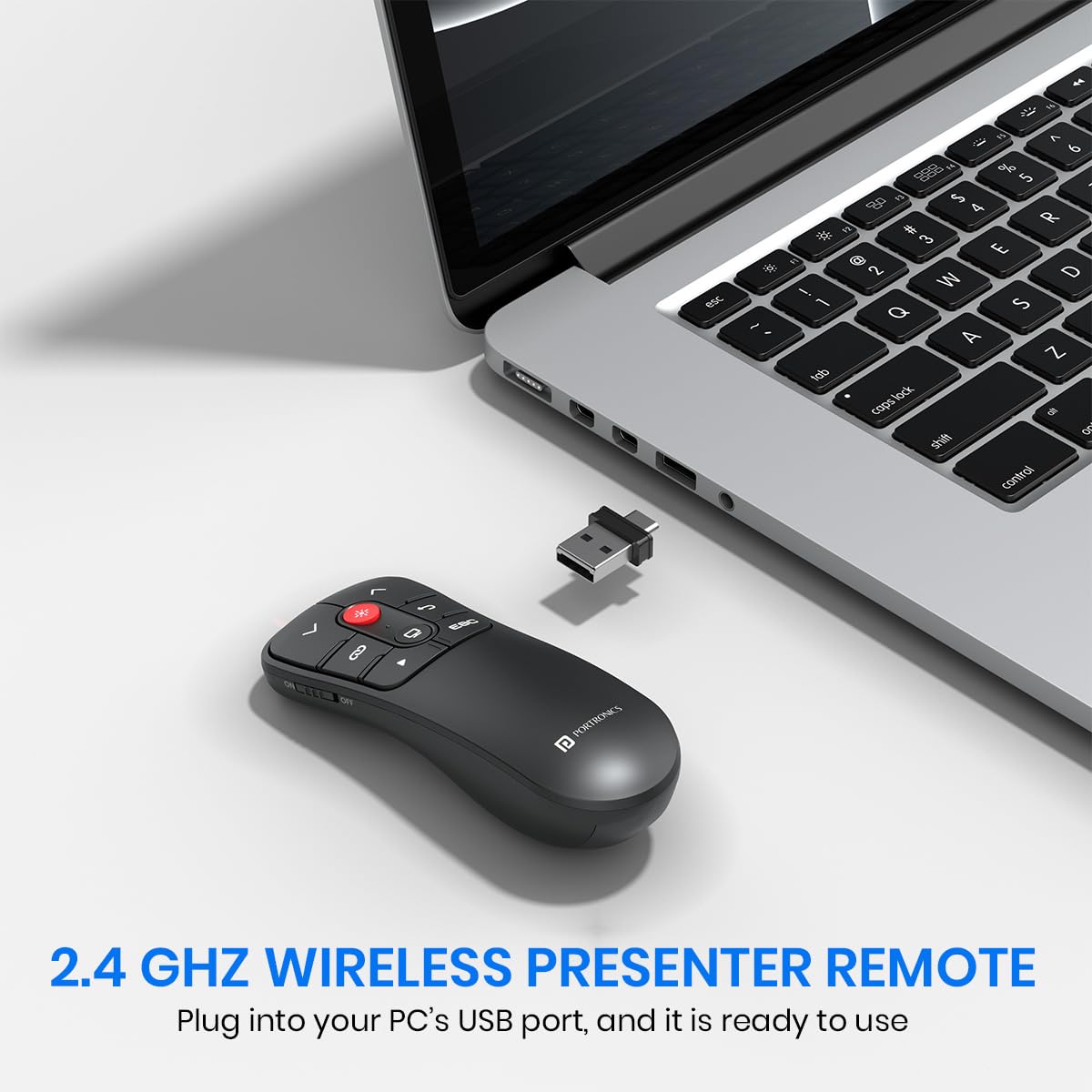 Portronics SlideMate Wireless Presenter Remote with Red Laser Pointer, Dual Type-C & USB Receiver, Slideshow Control for Laptop, Mac, PC, and Projectors (Black)