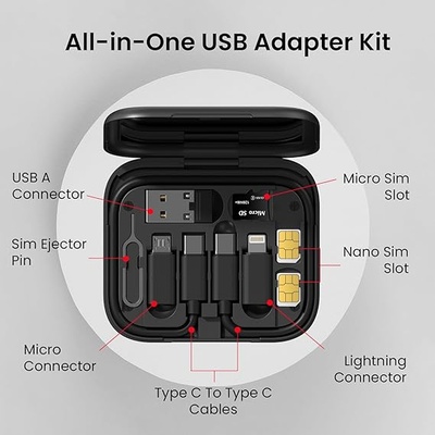 Portronics Snapcase 60W Multifunctional Fast Charging Data Cable Kit, Conversion Set USB A & Type C to Male Micro/Type C/Lightning,Data Transfer,Sim Storage,Sim Eject Pin,Pocket Mirror,Phone Holder