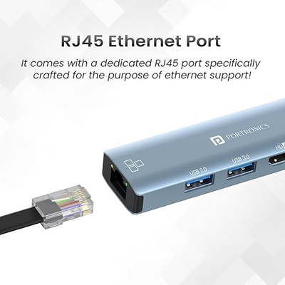 Portronics Mport 51 5-in-1 Type C HUB with RJ 45 Ethernet Port, 5Gbps Data Transfer, HDMI Port, USB 3.0, PD Quick Charge, 4K Ultra HD Data Quality (Grey)