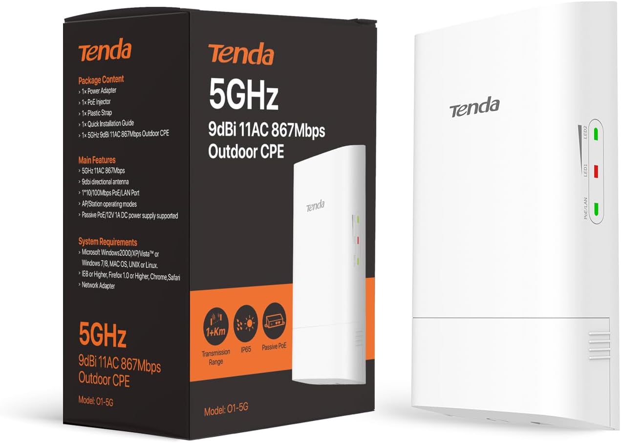 Tenda O1-5G 5.8GHz 867Mbps Outdoor Wireless Bridge, Point to Point Wi-Fi Bridge, 1KM Long Distance, Outdoor CPE with 2 * 9dBi Antenna, PTP/PTMP, IP65 Waterproof Enclosure