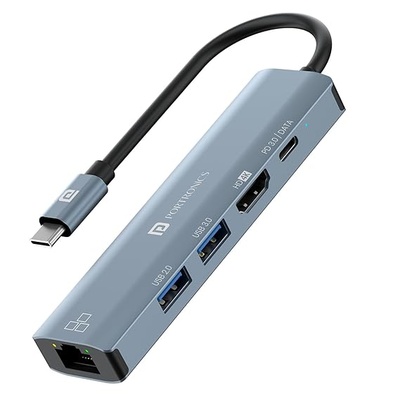 Portronics Mport 51 5-in-1 Type C HUB with RJ 45 Ethernet Port, 5Gbps Data Transfer, HDMI Port, USB 3.0, PD Quick Charge, 4K Ultra HD Data Quality (Grey)