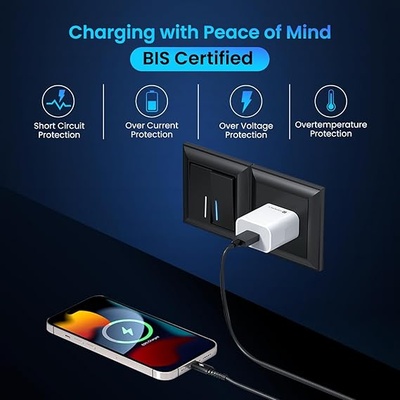 Portronics Adapto 12 M 2.4A 12W Fast Wall Charger with 1M Type C Charging Cable for iPhone 11/Xs/XS Max/XR/X/8/7/6/Plus, iPad Pro/Air 2/Mini 3/Mini 4, Samsung S4/S5, and More(White)