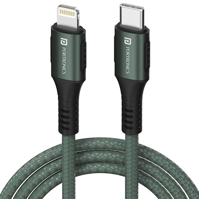 Portronics Konnect CL 20W POR-1067 Type-C to 8 Pin USB 1.2M Cable With Power Delivery & 3A Quick Charge Support, Nylon Braided For All Type-C and 8 Pin Devices, Green