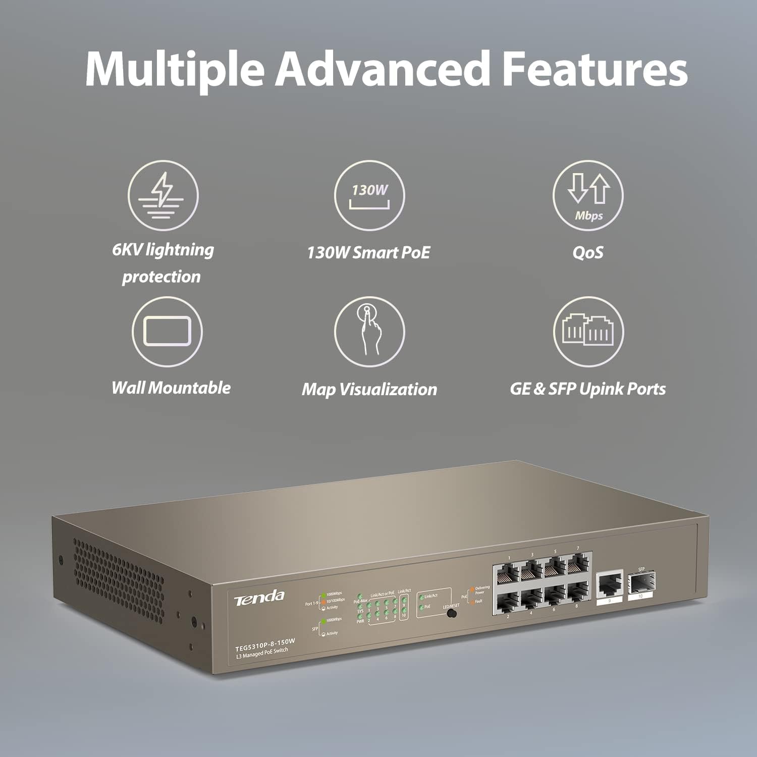 Tenda TEG5310P Layer-3 Gigabit Managed PoE Switch – 10 Ports, 8 PoE+ Ports, 150W Power, Smart Features