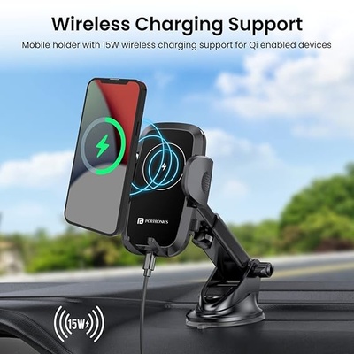 Portronics Charge Clamp 2 Mobile Holder with Wireless Charging with 15W Wireless Output, 360° Rotation, 270° Adjustable Angles, LED Display, Type C Charging Port, 1M Type C Cable(Black)