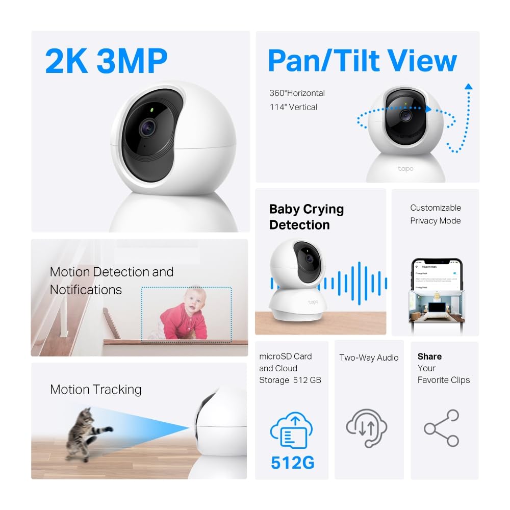 TP-Link Tapo C210 360° 3MP Full HD 2304 X 1296P Video Pan/Tilt Smart Wi-Fi Security Camera | Alexa Enabled | 2-Way Audio| Night Vision| Motion Detection | Indoor CCTV