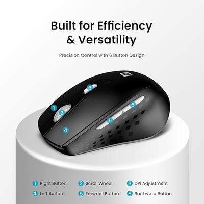 Portronics Toad 32 Wireless Mouse with 6 Buttons, 2.4 GHz Connectivity, 10m Working Range, Ergonomic Design, Adjustable Optical DPI, Auto Power Saving, for Laptop & PC