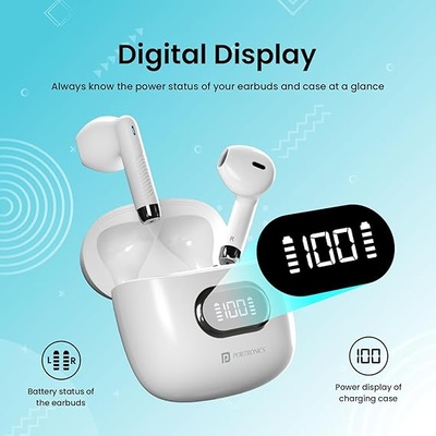 Portronics Harmonics Twins S9 True Wireless in Ear Earbuds with Upto 30H Playtime, Digital Display, 13mm Drivers, Balanced Bass, BT 5.3v, Touch Control, IPX4 Splash Resistant, Rapid Charging(White)