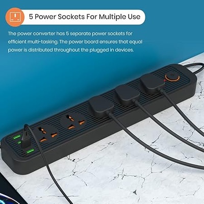 Portronics Power Plate 6 with 4 USB Port + 5 Power Sockets Extension Board, 2500W Power Converter, Cord Length 3Mtr (Black)