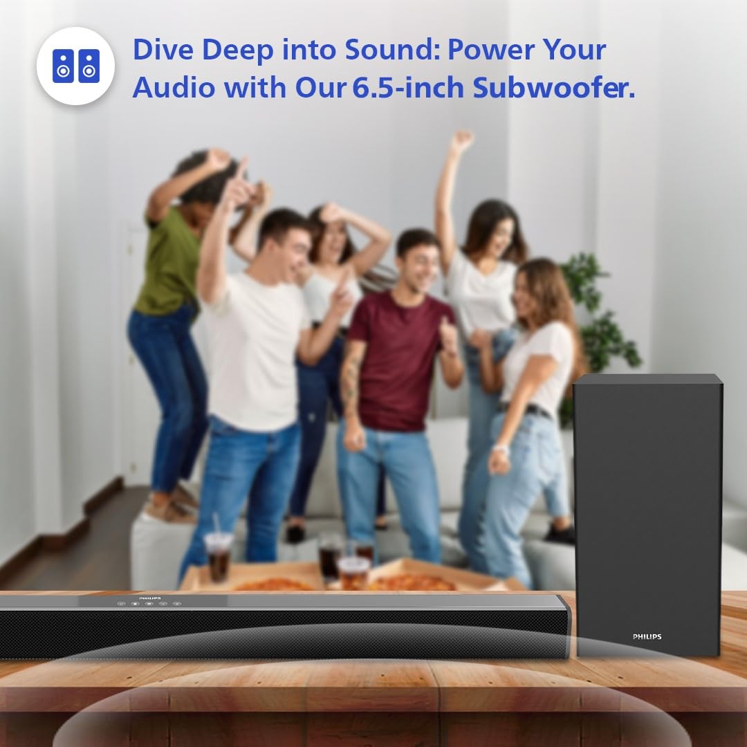 Philips TAB4228/94 2.1Ch Bluetooth Soundbar - 160W, Rich Bass, 3 EQ Modes, Multi-Connectivity (Black)