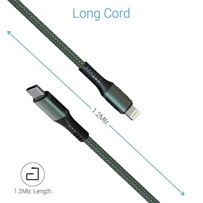 Portronics Konnect CL 20W POR-1067 Type-C to 8 Pin USB 1.2M Cable With Power Delivery & 3A Quick Charge Support, Nylon Braided For All Type-C and 8 Pin Devices, Green