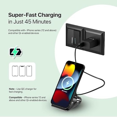 Portronics Freedom 15 Plus 15W Desktop Wireless Charger + Mobile Stand with Dual Coil, Aluminum Alloy, 4 Charging Modes, 1 Meter Charging Cable(Silver)