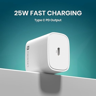 Portronics Adapto 25 Plus 25W Type C PD Superfast Slim Mobile Charging Adaptor,GaN Technology,Compatible with iPhone 16/15/14/13/12/11 Pro,Max Series, Samsung Galaxy S/A/M/F & Other Type C Devices