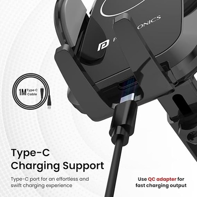 Portronics Charge Clamp 2 Mobile Holder with Wireless Charging with 15W Wireless Output, 360° Rotation, 270° Adjustable Angles, LED Display, Type C Charging Port, 1M Type C Cable(Black)