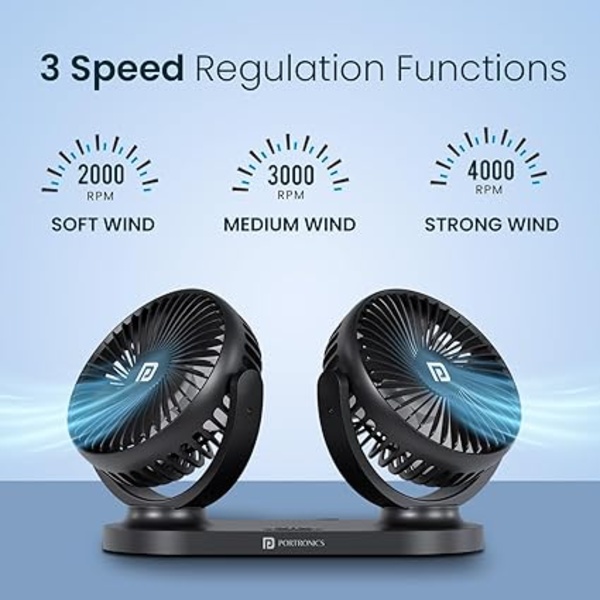 Portronics TwinCool Dual Head Portable USB Powered Fan With 360° Rotatable Head, 3 Speed Control, Ultra Silent Operation, Brushless Motor, Suitable For 12/24V Car,SUV,Bus,Desk,Home Fan(Black)