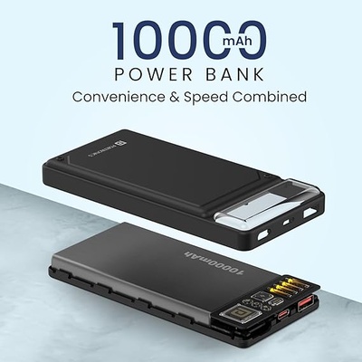 Portronics Luxcell C 10K 10000 mAh 22.5W Fast Charging Power Bank, Ultra Slim Power Bank with Mach USB-A Output, Type C PD Output, Type C Input, LED Indicator, Wake Up Button (Black)