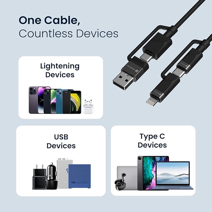 Portronics Omnicord 60W 4 in 1 Nylon Braided Fast Charging Cable With Multiple Port, Type C to Type C/Lightening, USB A, Fast Data Sync, Compatible With Type C Devices, Tablets/ipads & Laptop/Macbook