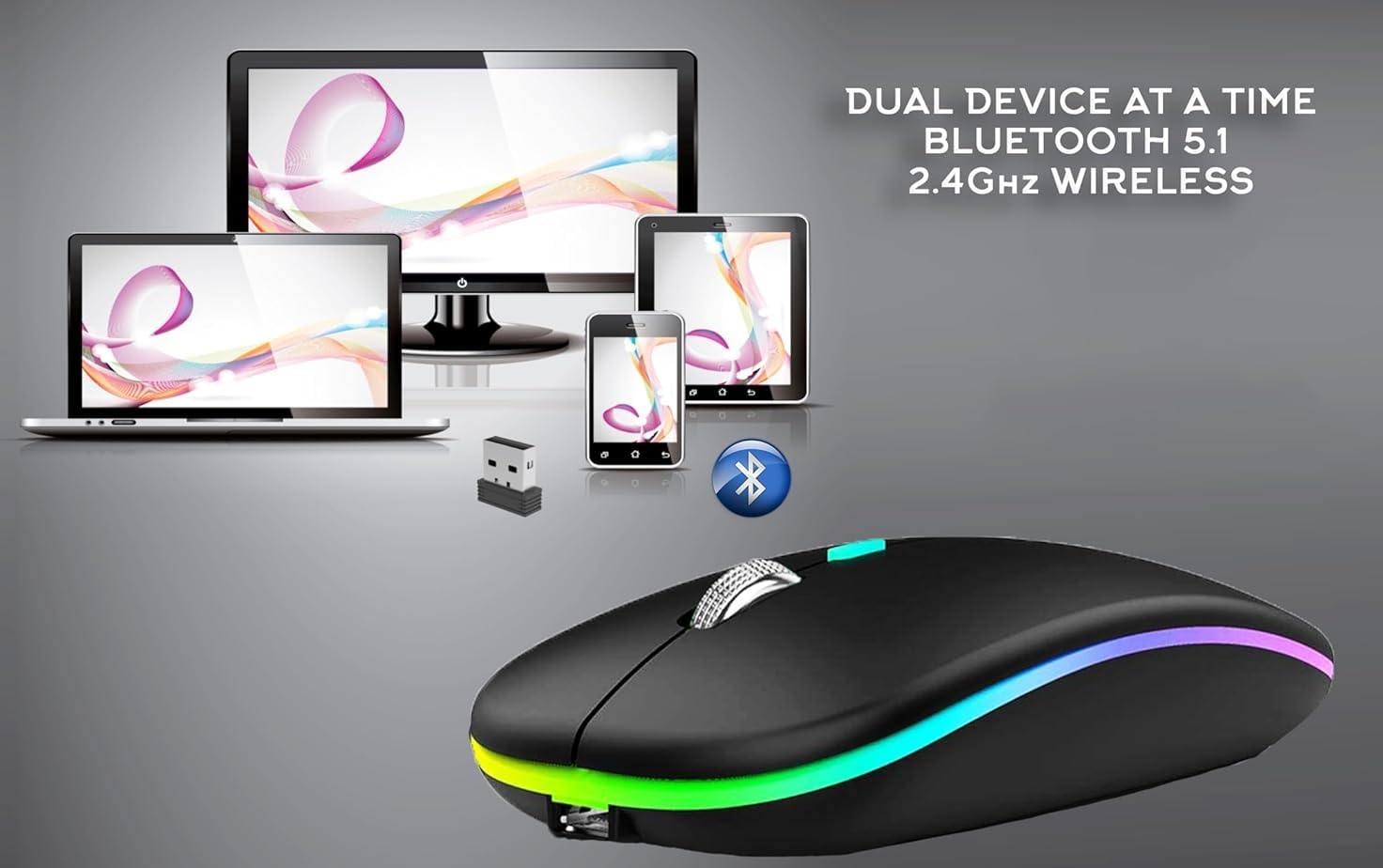 Wireless Bluetooth RGB Mouse: Rechargeable, Silent & Slim