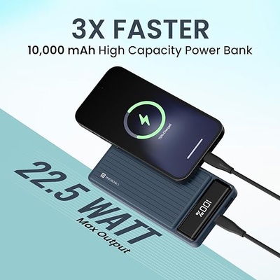 Portronics Luxcell B 10K 10000 mAh 22.5W Fast Charging Power Bank, Ultra Slim Power Bank with Mach USB-A Output, Type C PD Output, Type C Input, Wake Up Button