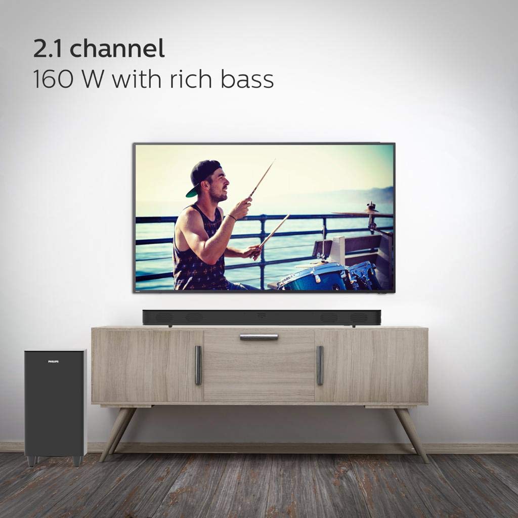 Philips HTL8162 2.1CH 160W Bluetooth Soundbar with Wireless Subwoofer – HDMI ARC, Metal Grille, Glass Top & Touch Control, Black