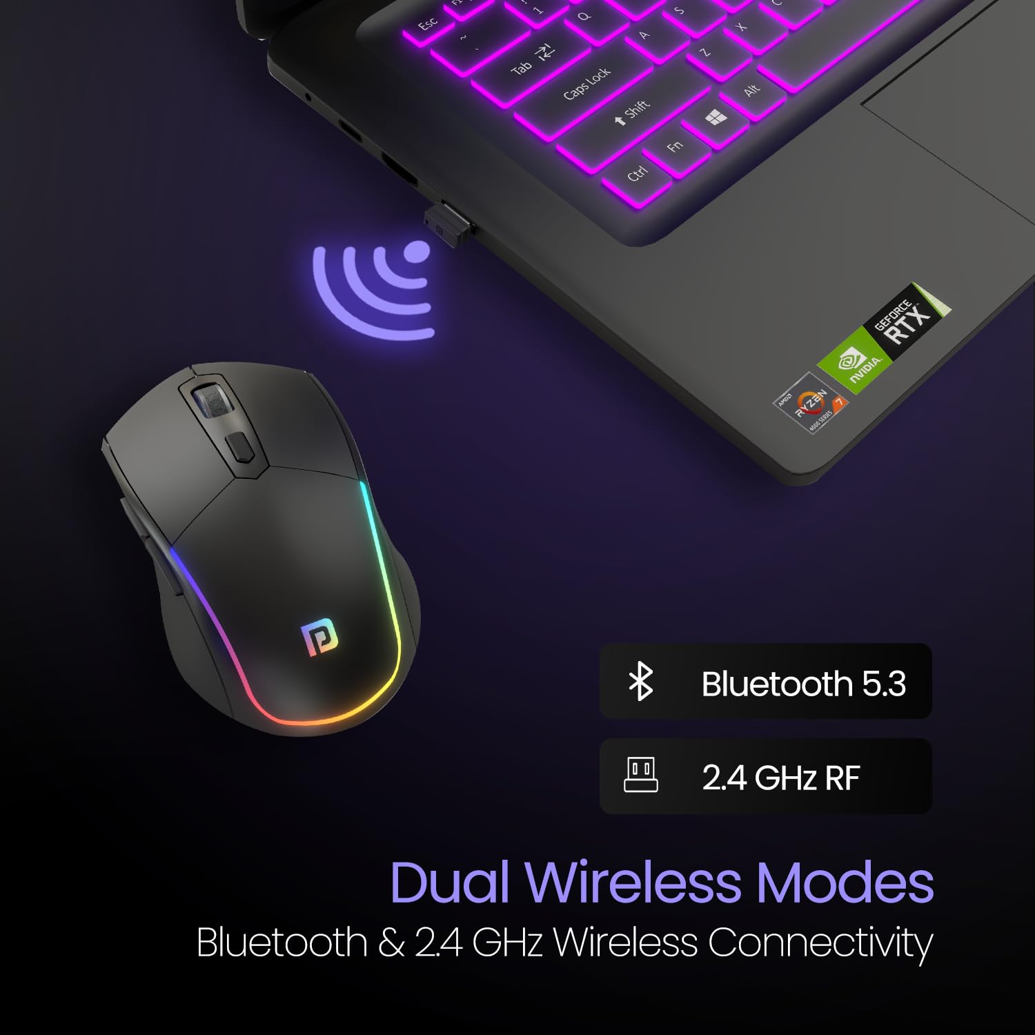 Portronics Toad One Bluetooth Mouse with 2.4 GHz & BT 5.3 Dual Wireless, 6 Buttons, Rechargeable, RGB Lights, Connect 3 Devices, Ergonomic Design for Laptop, Smartphone, Tablet (Black)