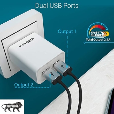 Portronics Adapto 66 POR-1066 2.4A Dual USB Ports Charging Adapter with 1M Micro USB Cable (White)