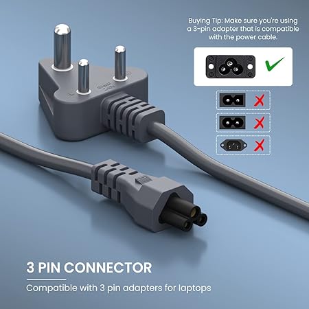 Portronics Konnect G2 Laptop Power Cable with 3PIN Clover Power Connector, 1.5M Cord Length, 350W Load Capacity(Grey)