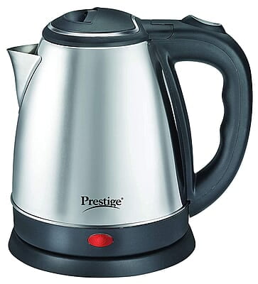 Prestige 1.5 Litres Electric Kettle (PKOSS 1.5)|1500W | Automatic Cut-off | Stainless Steel | Rotatable Base | Power Indicator | Single-Touch Lid Locking| Silver – Black