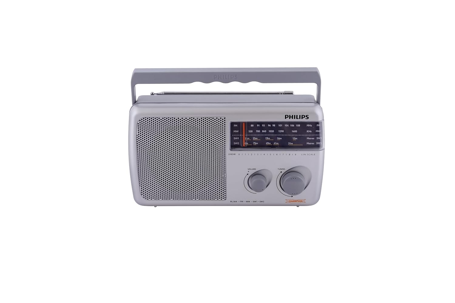 Philips Radio RL384/94 – MW/FM/SW , 500mW +1 dB RMS Sound Output, 3xR20 Battery, 4.5V External DC Socket (Grey)