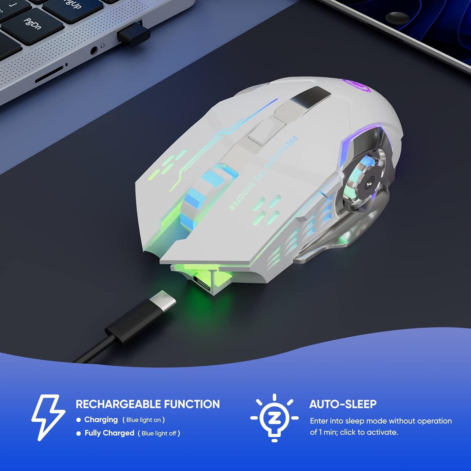 Wireless Gaming Mouse AD-WB-148, Bluetooth RGB Rechargeable, 2.4G USB, 7-Color Backlit, 6 Buttons and Silent Click for Laptop, PC, Mac