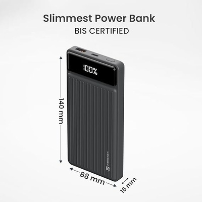 Portronics Luxcell B 10K 10000 mAh 22.5W Fast Charging Power Bank, Ultra Slim Power Bank with Mach USB-A Output, Type C PD Output, Type C Input, Wake Up Button