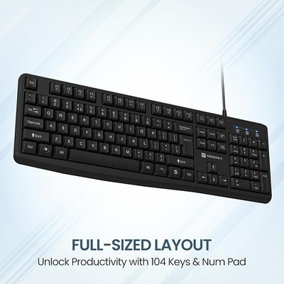 Portronics Ki-Pad 4 USB Wired Keyboard with Fn Multimedia Hotkeys, Full-Size Layout with Num Pad, Ergonomic Design, 1.5m USB Cable, for Laptop, PC, Mac (Black)