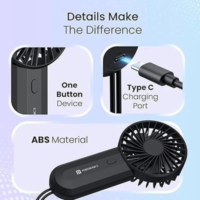 Portronics DualBreeze Handheld Mini Portable Fan With Dual Fan Technology, Upto 4 Hours Playtime, 3 Speed, Low Noise, Rechargeable Fan Ideal for Indoor,Outdoor,Home,Office,Kitchen,Makeup & Travel Use