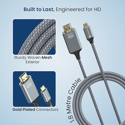 Portronics Konnect Vision C 4K 60Hz Type C to HDMI Cable with 1.8M Cord Length, Nylon Braided, Gold Plated Connectors for Laptop, Mobile, iPad Pro, MacBook, Chromebook, TV, Monitor(Grey)