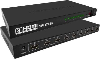 1x8 HDMI Splitter, HDMI Splitter 1 in 8 Out, Supports 3D 4K x 2K @30HZ Full HD 1080P, Support for TVs or Multi Monitor Adapter at Same Time- (Black)