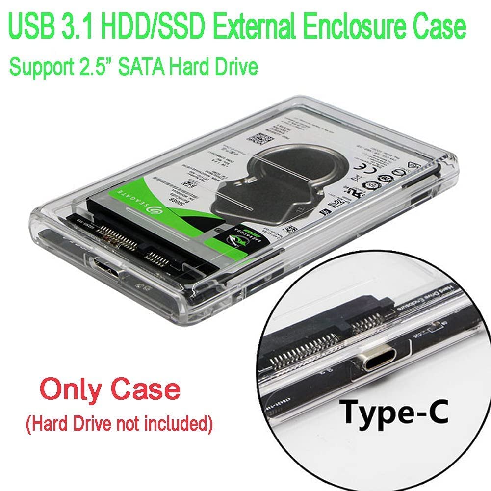 2.5 Inch (6.3 cm) SATA SSD Enclosure Transparent Case | USB-C 3.1 Tool-Free External Hard Disk Case with 6 Gbps Transfer Speed and Up to 6TB Storage Capacity For HDD and SSD, Support SATA III