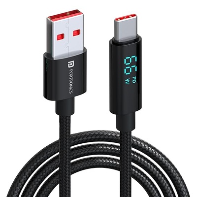 Portronics Konnect View 66W Type C Cable with LED Display 6.5A Output, Nylon Braided, Fast Data Sync, 1.2M Length, Tangle Resistant(Black)