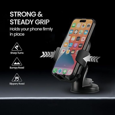 Portronics Clamp M4 Car Phone Holder Stand with 360 Degree Rotation, Strong Grip, Suction Cup Mount, Single Hand Use, Shockproof Build, Mobile Stand for Car (Black)